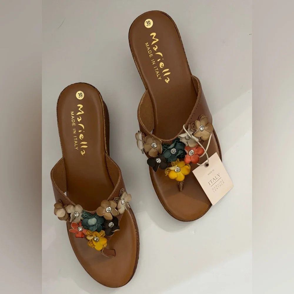 Mariella Women Made in Italy Tan Leather Floral Wedge Sandals Size 39 Summer